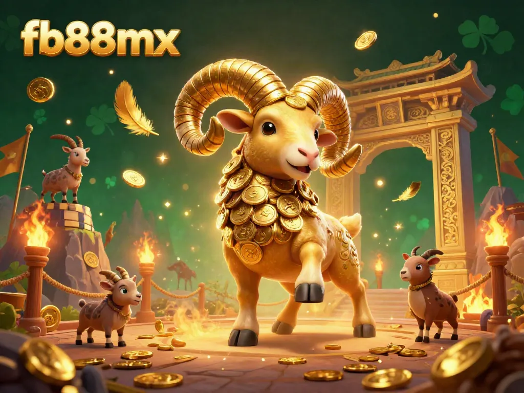 Experience the thrill of fb88mx with a dynamic golden ram charging at a casino gate filled with betting tokens and coins.