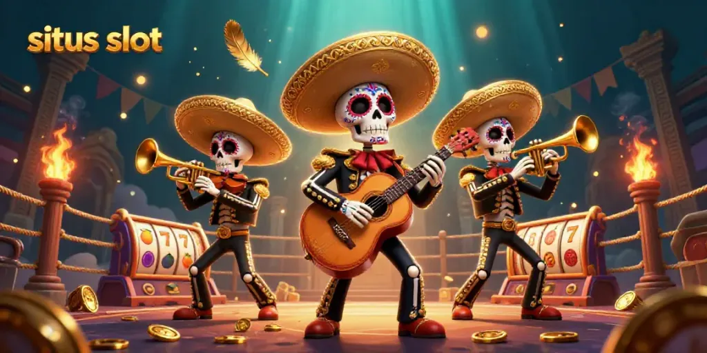 Engage with situs slot in a vibrant casino scene featuring a mariachi band surrounded by slot reels.
