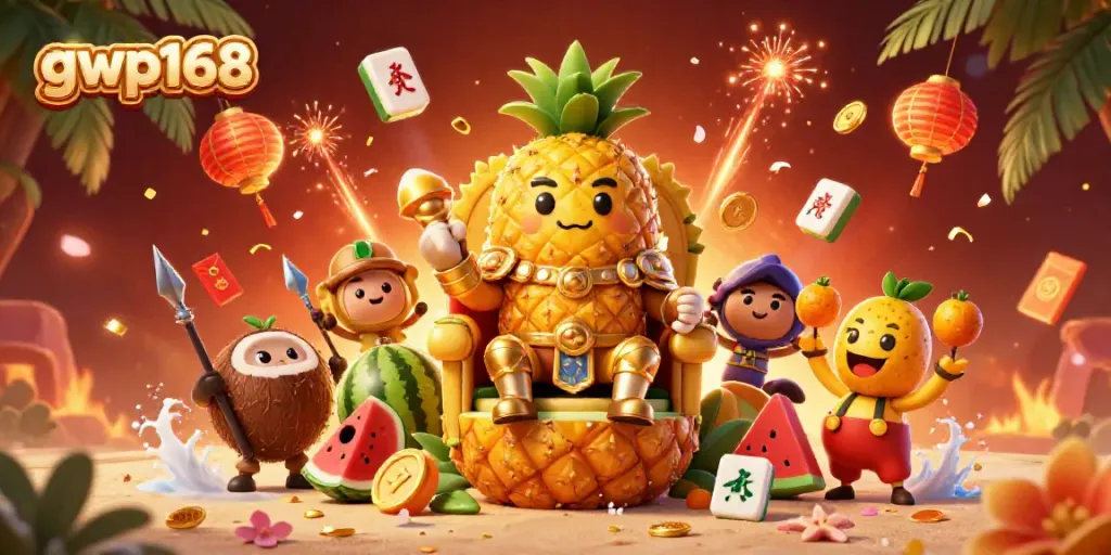 Permainan slot gacor di gwp168 dengan mahjong dan elemen kasino, atmosfer tropis.
