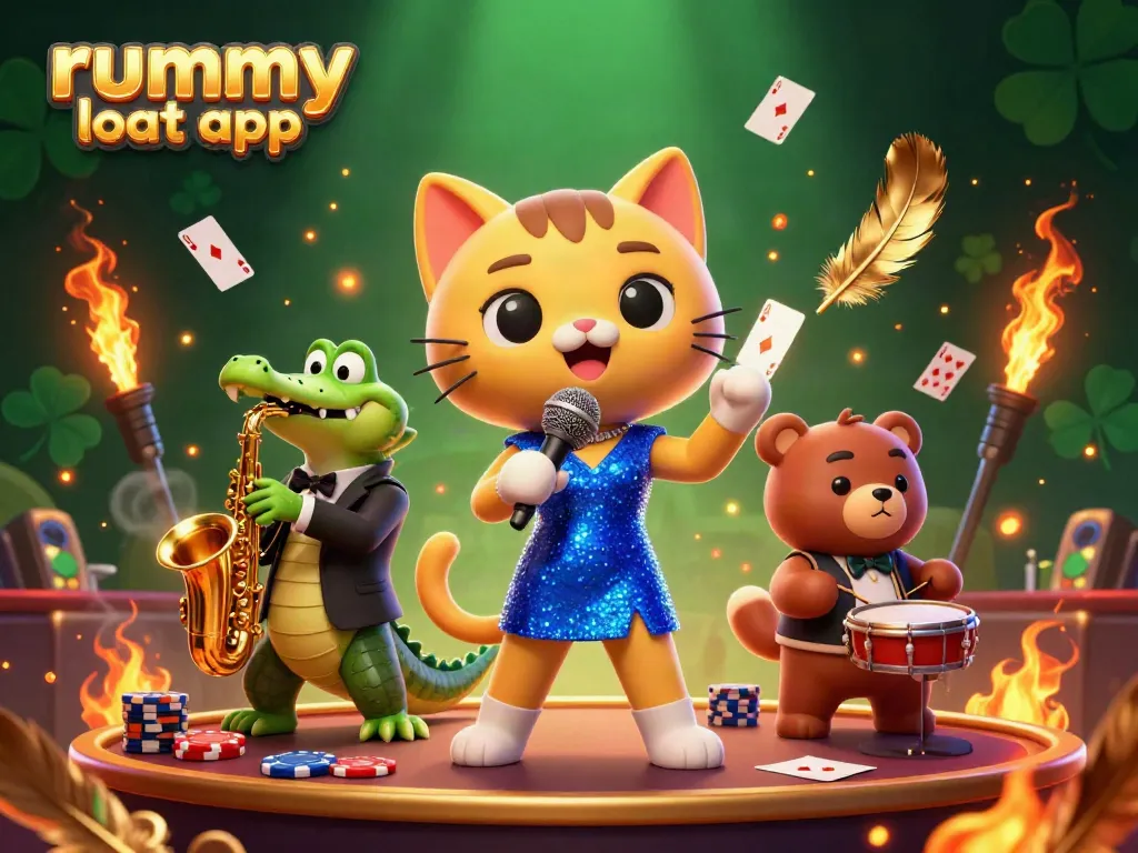 Join the excitement with the rummy loot app as lively characters perform in a vibrant casino scene.
