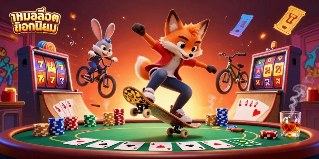 Experience the thrill of เกมสล็อตยอดนิยม with this vibrant 3D illustration featuring a skateboarding fox and BMX rabbit in a casino setting.