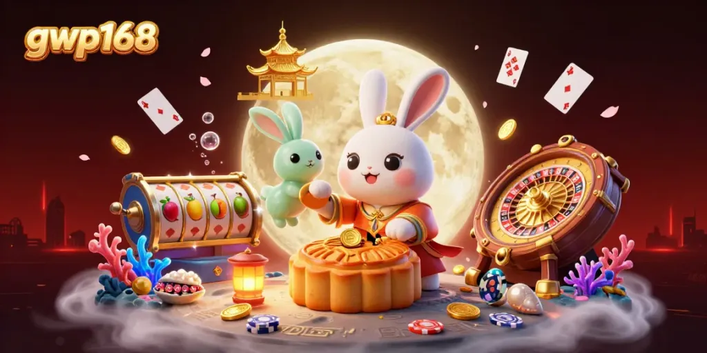 Menggandakan kesenangan bermain di gwp168 melalui slot dan roulette dengan ilustrasi kucing bulan yang lucu.