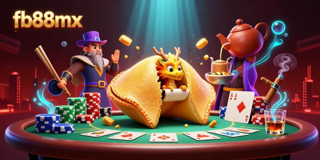 Engage with the rich, vibrant world of fb88mx, showcasing a dynamic casino scene with golden fortune cookie characters and poker elements.