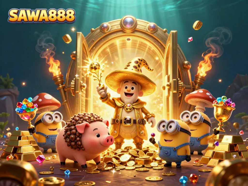 Spin to riches with SAWA888 in a magical casino adventure illustration.