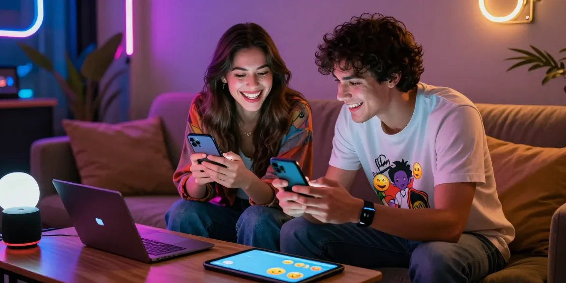 Dynamic NSFW AI chat scene featuring two friends sharing amusing digital interactions in a cozy lounge.