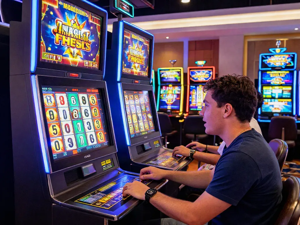 A80 gaming experience with player at colorful slot machine, showcasing excitement and vibrant casino atmosphere.