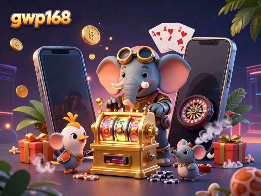 GWP168 menghadirkan permainan slot yang seru dengan karakter gajah steampunk di mesin slot.