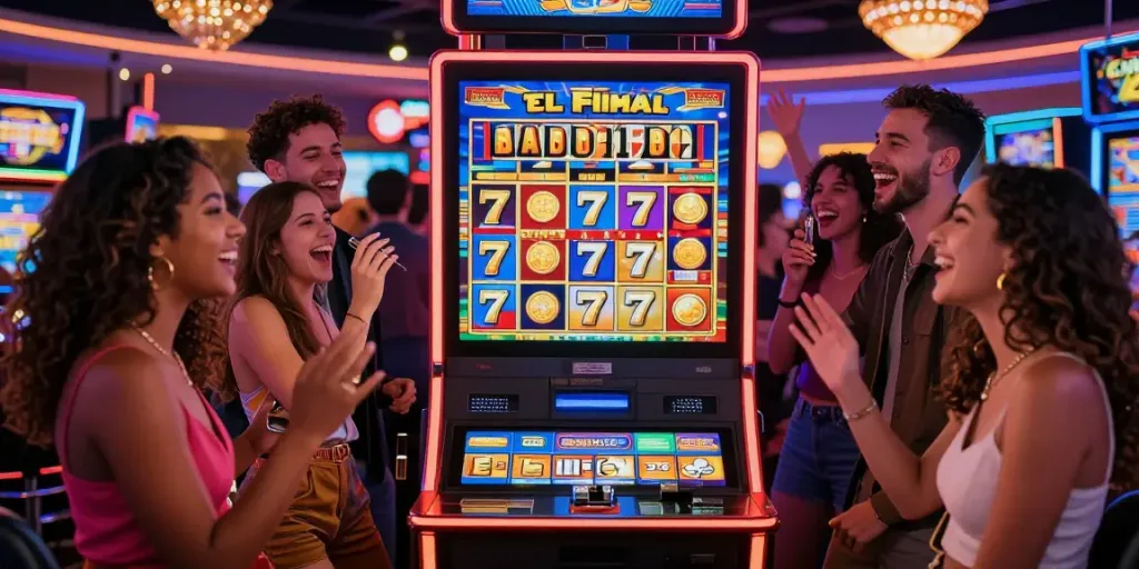Lucky777 casino scene with friends celebrating a big win at a vibrant slot machine.