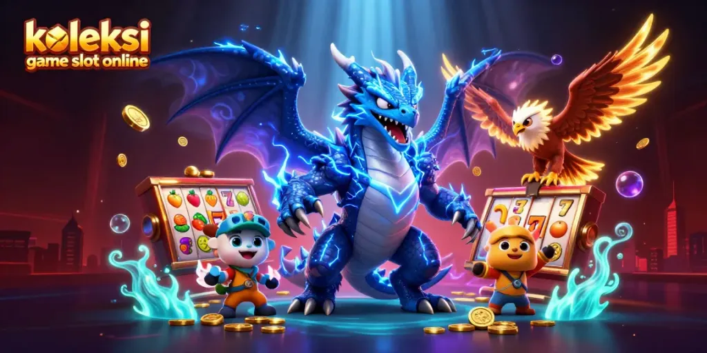 Menyaksikan koleksi game slot online yang menarik dengan simbol keberuntungan dan efek neon yang cerah.