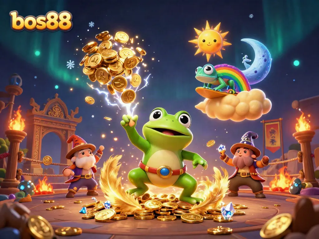 Engage with bos88 as a 3D wizard frog conjures a storm of golden coins in this vibrant online casino scene.