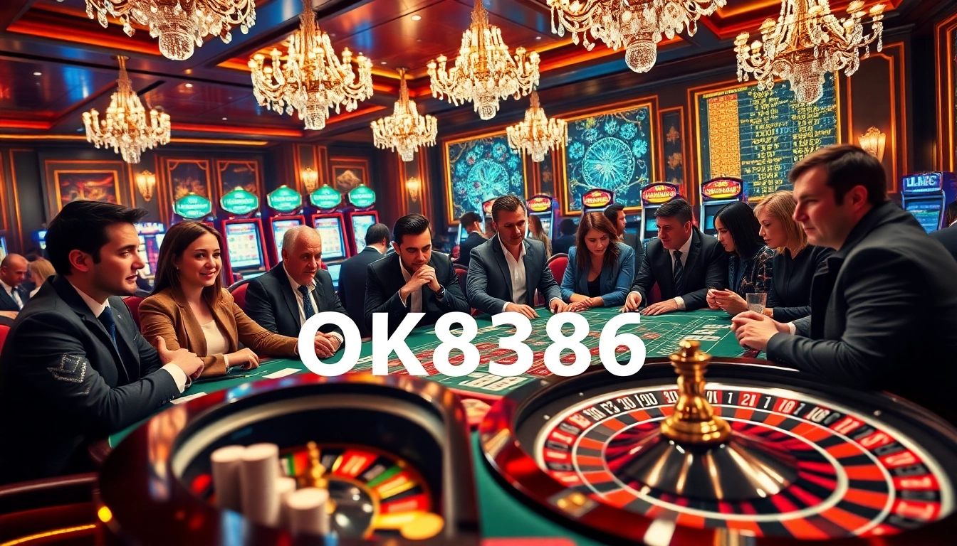 Exciting gameplay at a high-stakes poker table featuring OK8386 chips and cards, embodying luxury and thrill.
