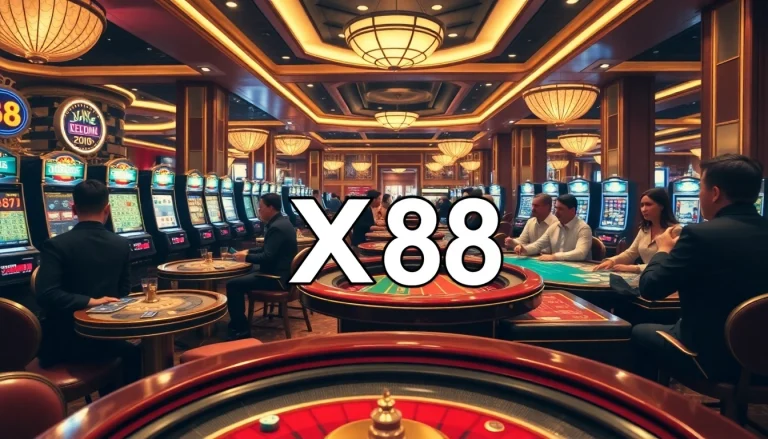 Players enjoying vibrant games at XX88 casino with roulette wheels and poker tables.