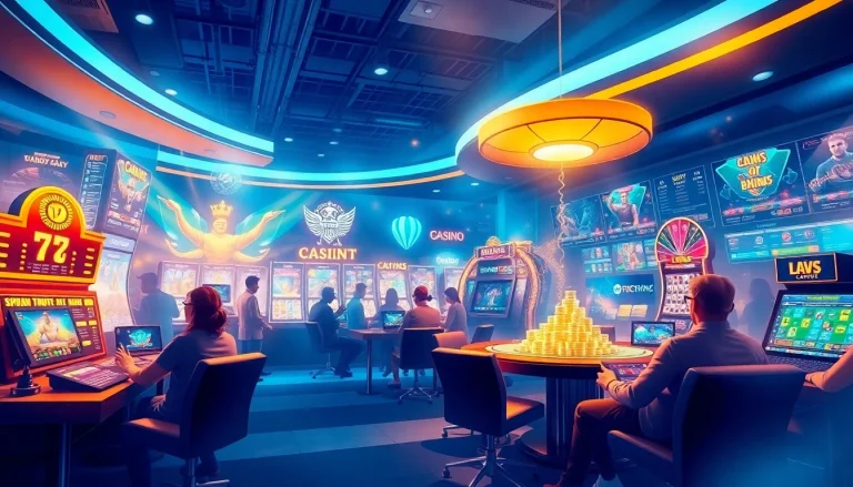 Emocionante experiencia de juego en línea en 79king hn con interfaces digitales vibrantes y jugadores celebrando sus victorias.