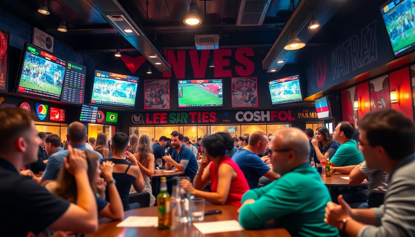 Engaged fans in sports betting bar celebrating while watching live games.