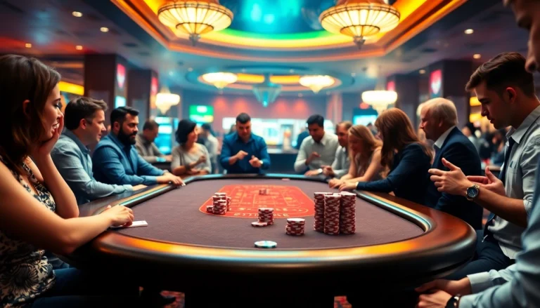 Engaging casino scene showcasing players at a vibrant gaming table with colorful chips.
