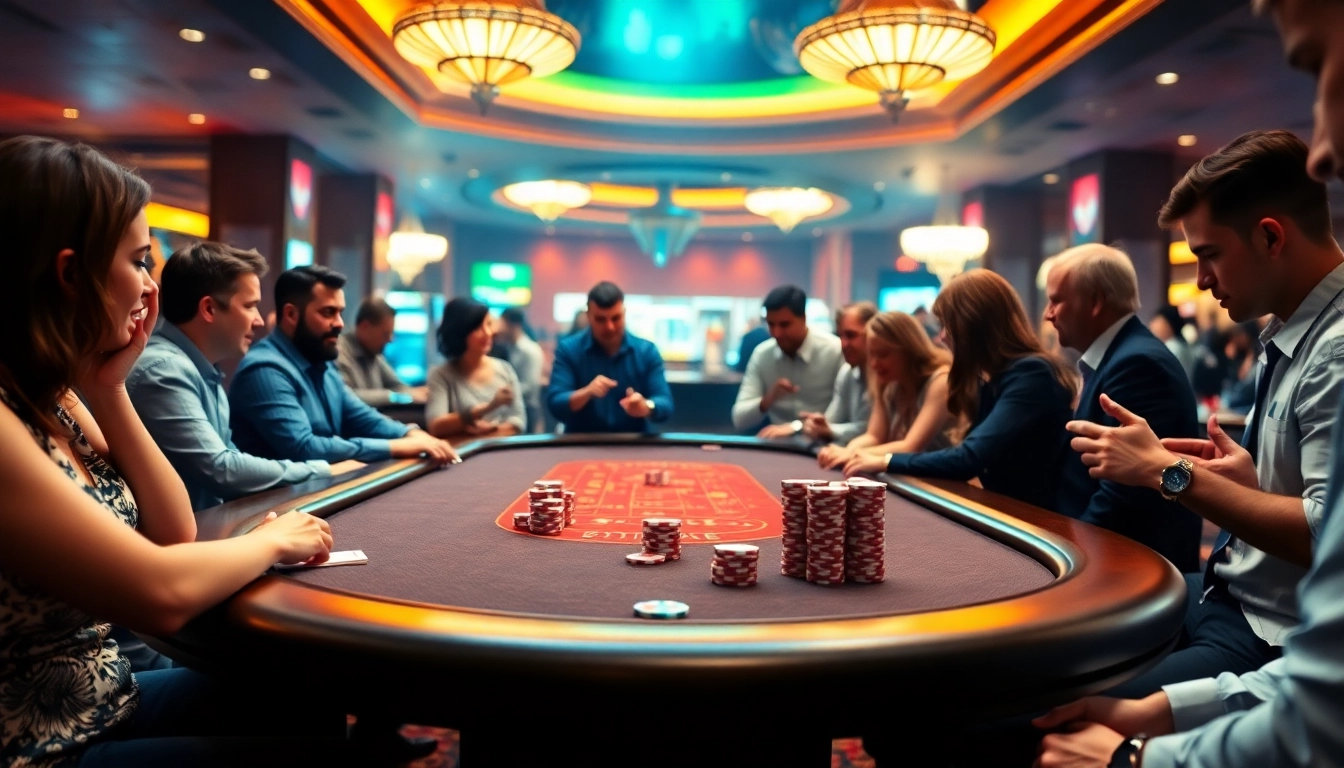Engaging casino scene showcasing players at a vibrant gaming table with colorful chips.