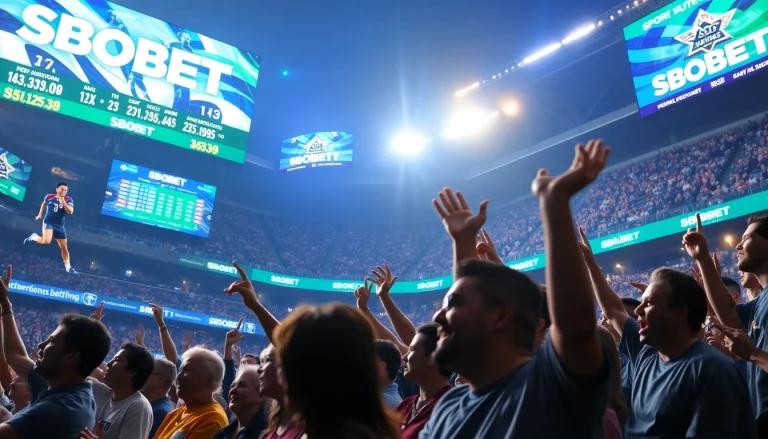 Taruhan SBOBET dengan atlet beraksi dan penggemar bersemangat di stadion yang penuh energi.