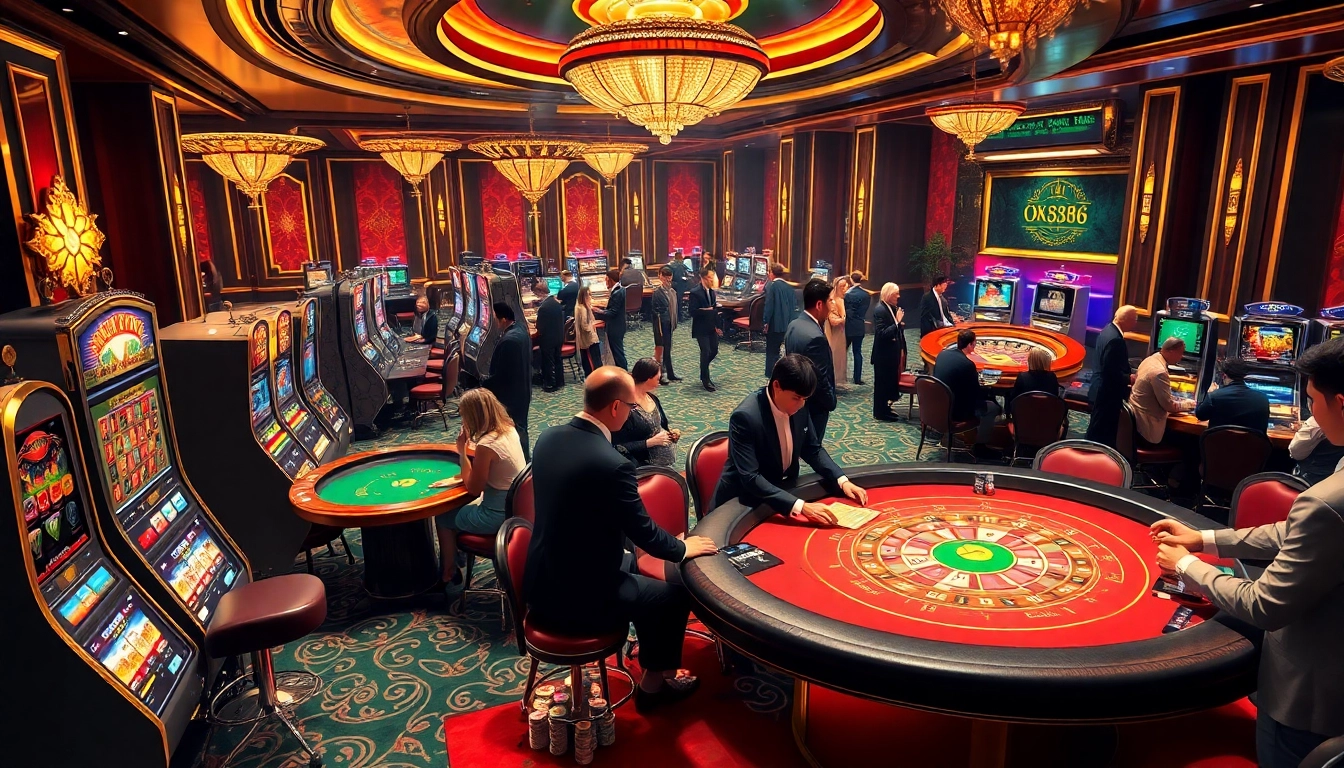 Players engaging in strategic gambling at a luxury casino featuring OK8386-themed elements.
