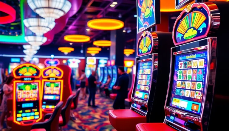 Permainan Slot Game dengan mesin slot berwarna-warni dan suasana kasino yang meriah.