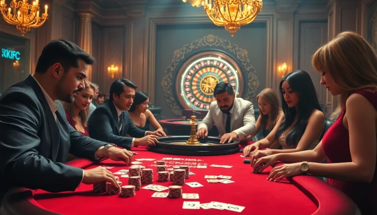 KJC casino gaming table filled with poker chips and cards, showcasing excitement and strategic gameplay.