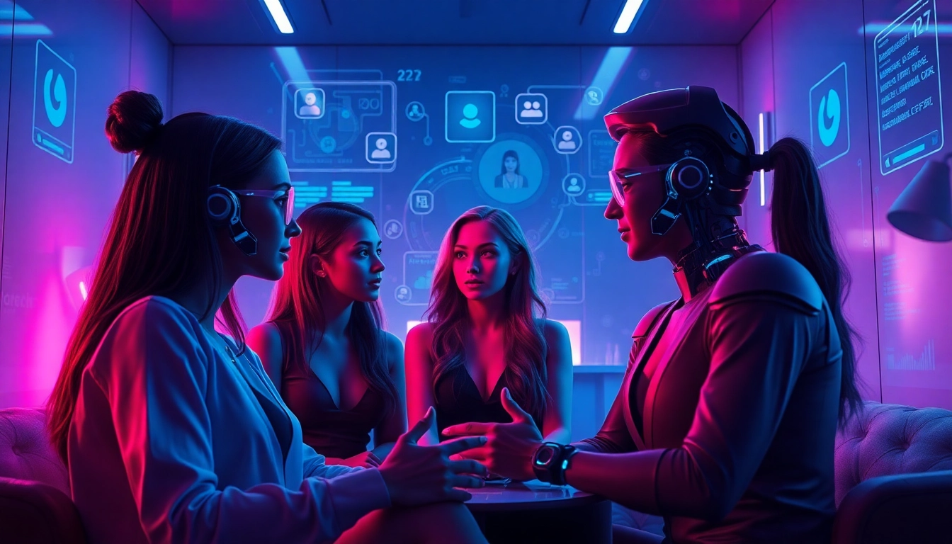 Engaging scene of diverse AI avatars in intimate conversation, representing sex chat AI technology.