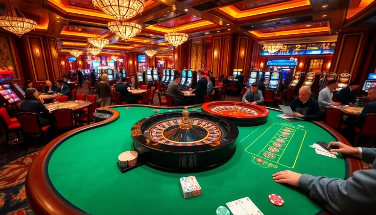 Excited players engaging in a thrilling gambling experience at rr 88, showcasing poker chips and a roulette wheel.