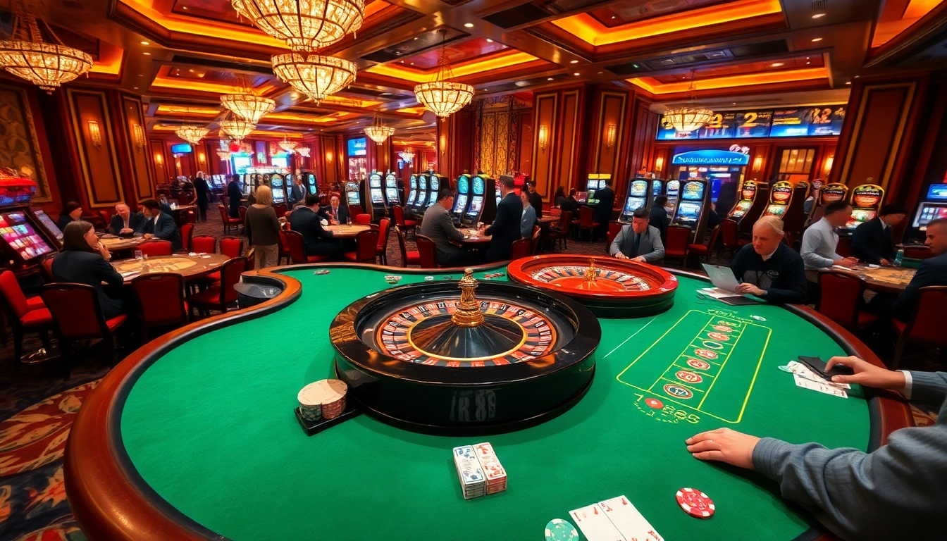 Excited players engaging in a thrilling gambling experience at rr 88, showcasing poker chips and a roulette wheel.