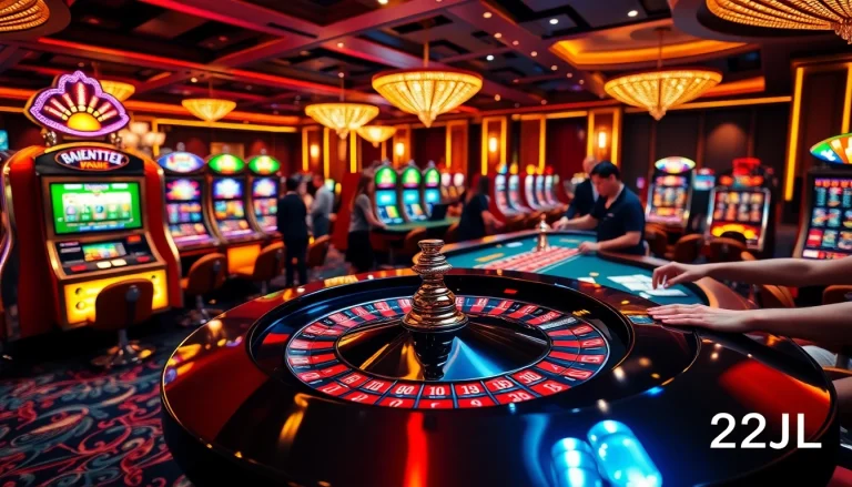 Players engaged in a thrilling game at a lavish casino featuring 22JL branding and vibrant slot machines.