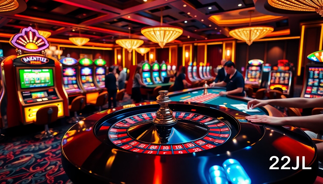 Players engaged in a thrilling game at a lavish casino featuring 22JL branding and vibrant slot machines.