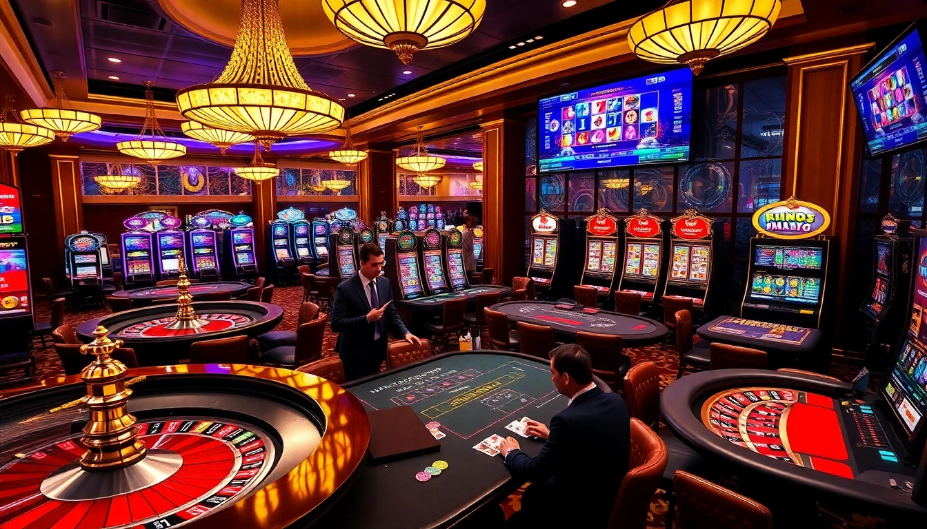 Exciting gaming scene at a reputable casino showcasing slot machines and poker tables.