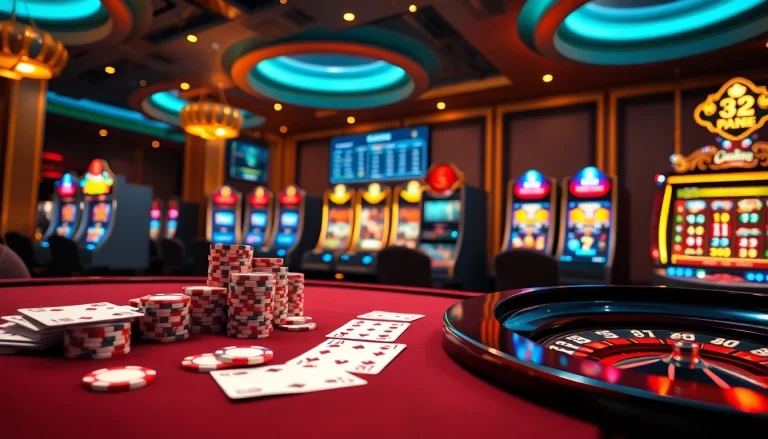 Experience thrilling online betting at https://32win.capital with poker chips and vibrant slot machines.