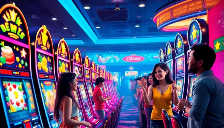 Exciting online gaming scene with hoki138 slot machines and enthusiastic players.