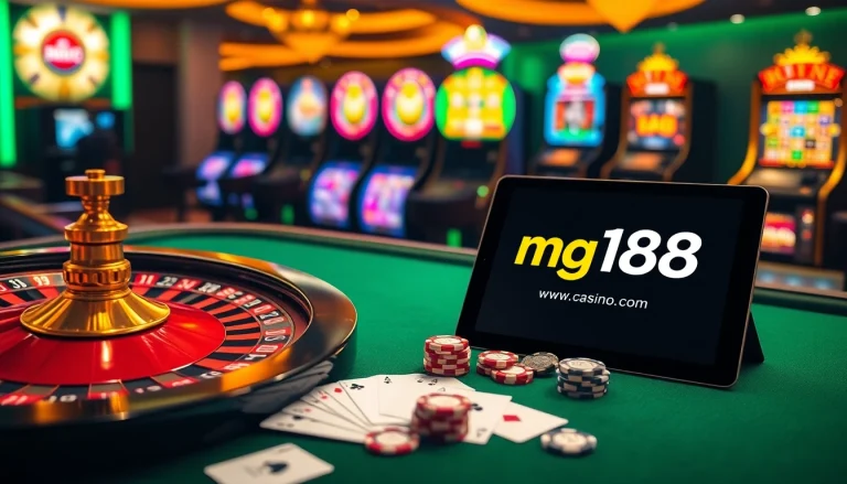 Experience vibrant online gaming with mg188's luxurious casino environment filled with roulette wheels and poker chips.