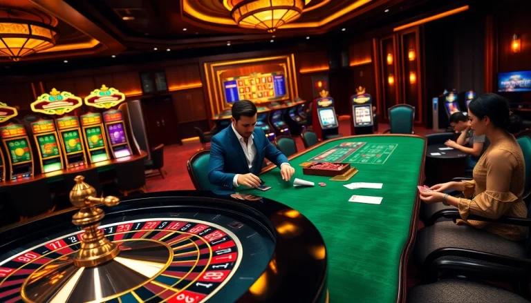 Exciting RR88 casino gaming scene with poker players and roulette table.