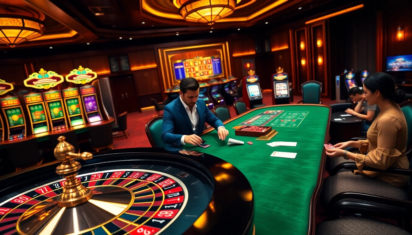 Exciting RR88 casino gaming scene with poker players and roulette table.