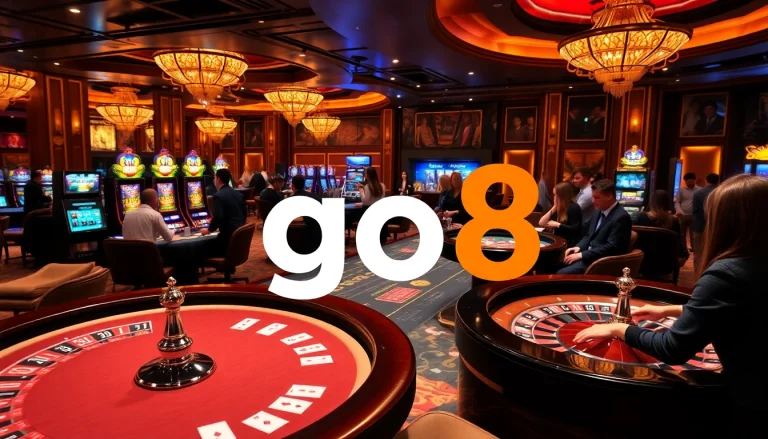 Engage with the go8 casino experience featuring vibrant tables, roulette wheels, and enthusiastic players.