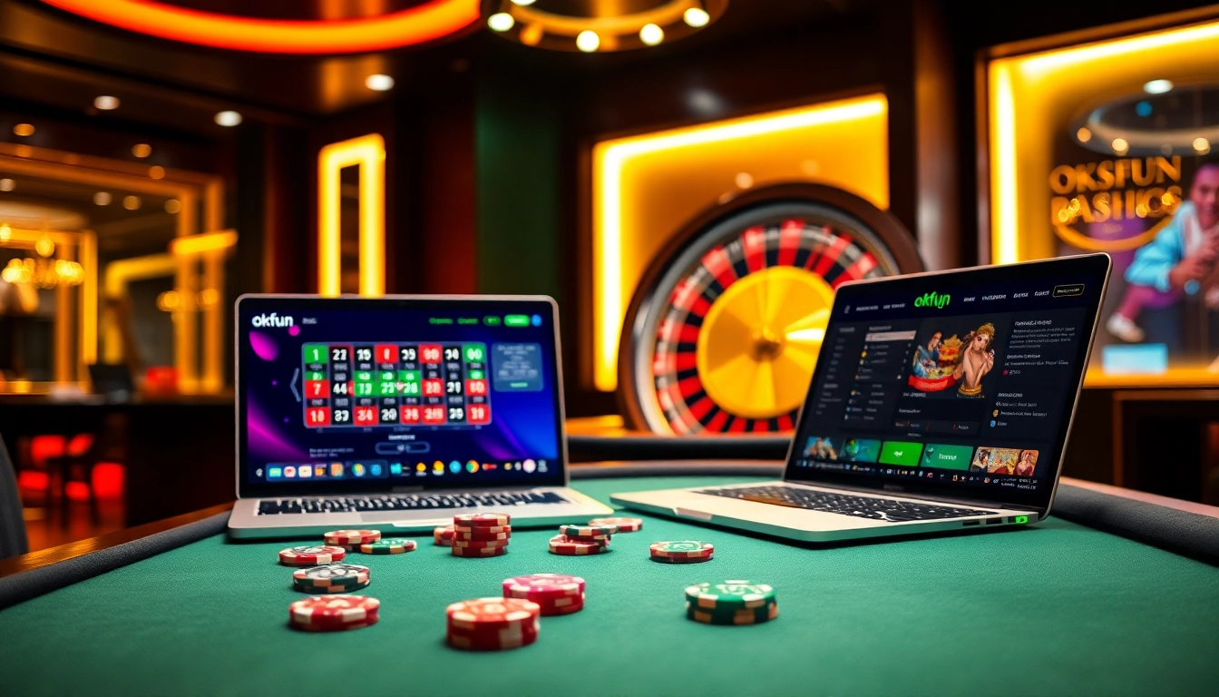 Play exciting casino games at Okfun with vibrant poker chips and a spinning roulette wheel.