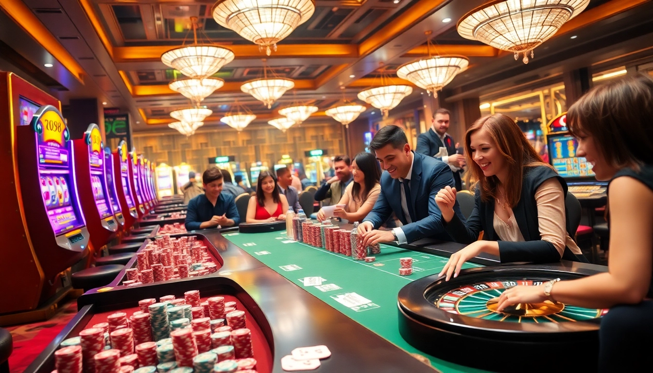 Experience thrilling gameplay at xx88 with luxurious casino tables and vibrant slot machines.