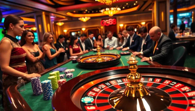 Exciting GG88 casino gaming scene featuring poker chips, cards, and roulette wheel