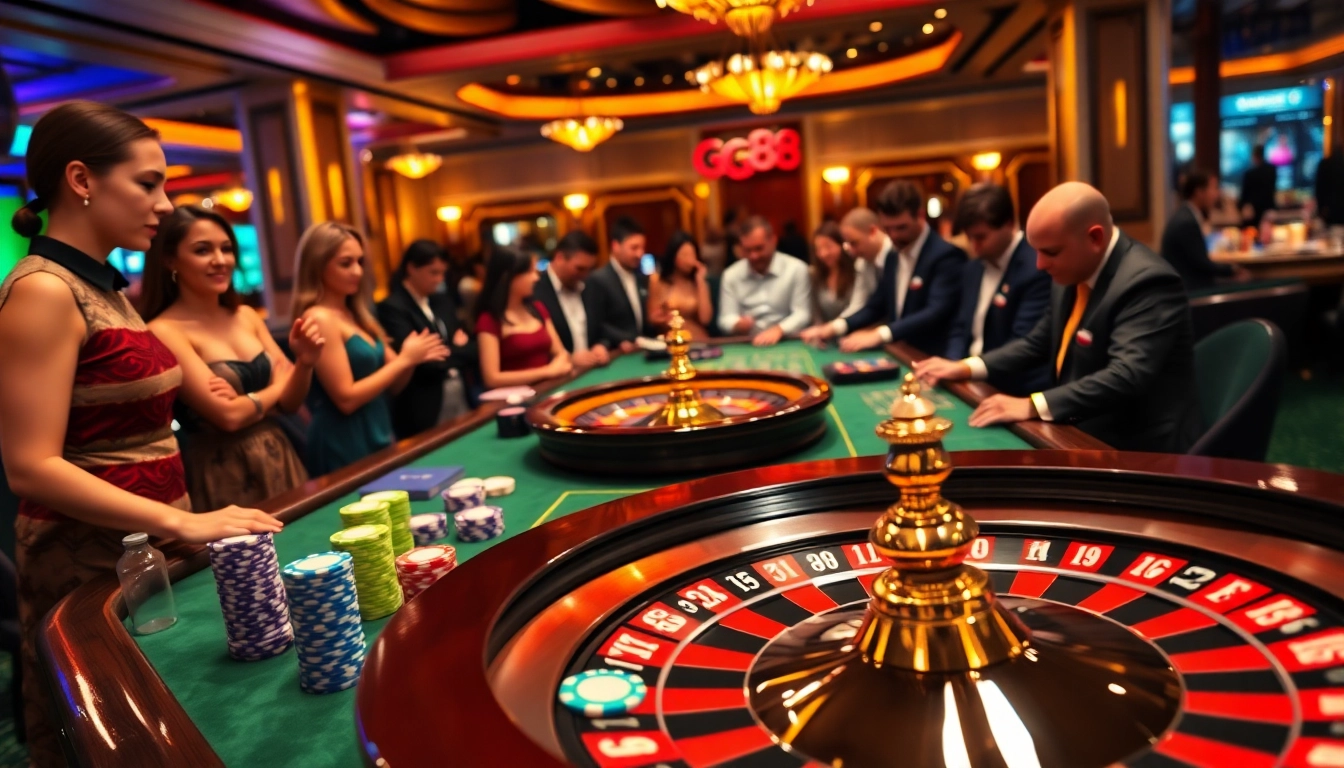 Exciting GG88 casino gaming scene featuring poker chips, cards, and roulette wheel