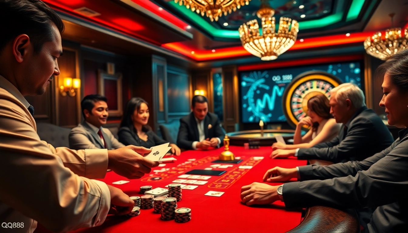 Exciting high-stakes poker scene at QQ888 casino with intense players and dealer.