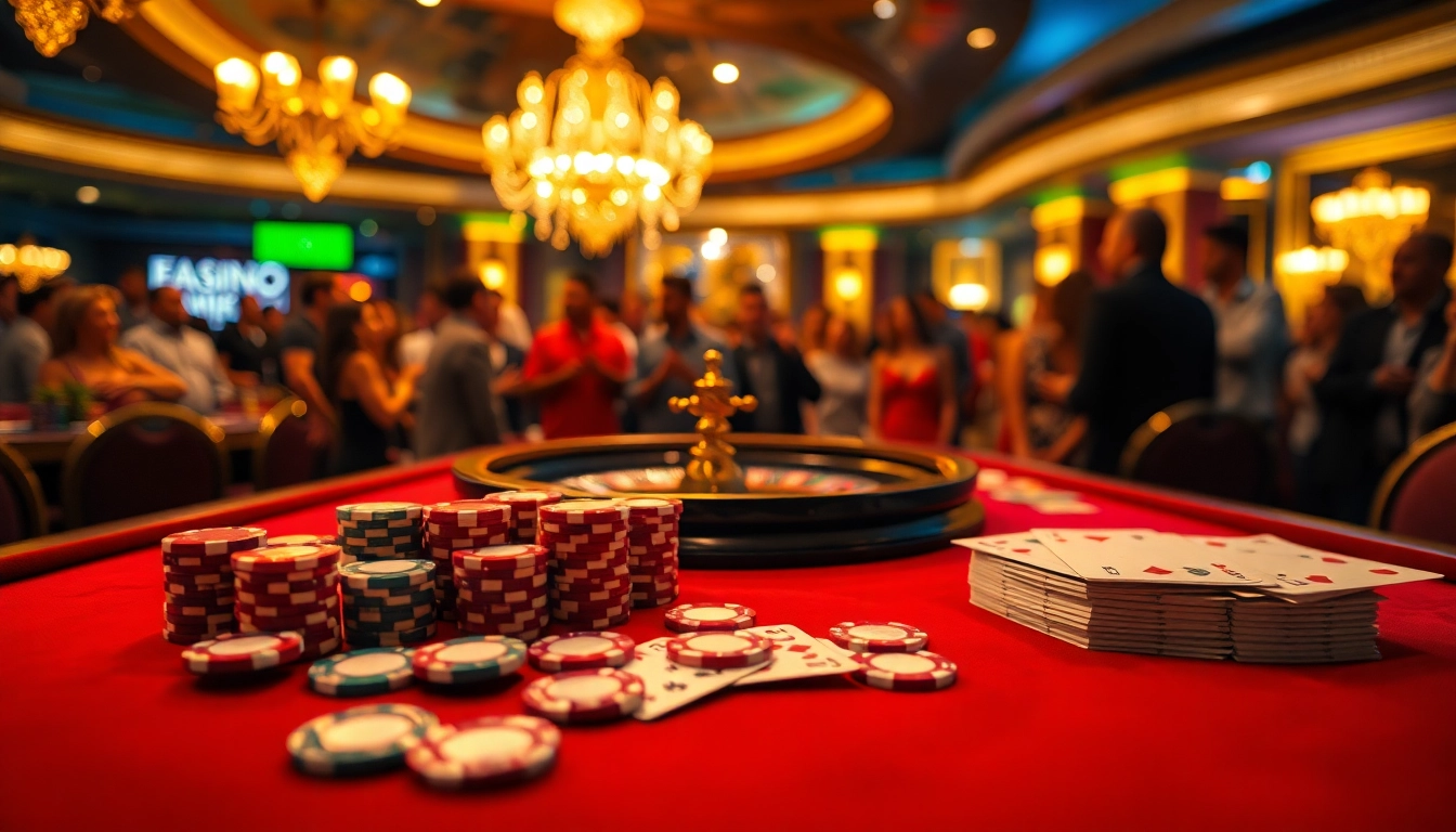 A thrilling moment at a poker table, showcasing 32win com poker chips and cards amidst a vibrant casino atmosphere.