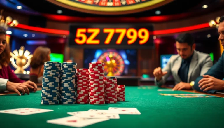 Experience the thrill of poker at a high-stakes table featuring 5Z7779, chips, and cards in action.