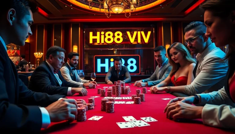 Hi88 VIP gamblers playing poker at a luxurious casino table with vibrant chips and cards.