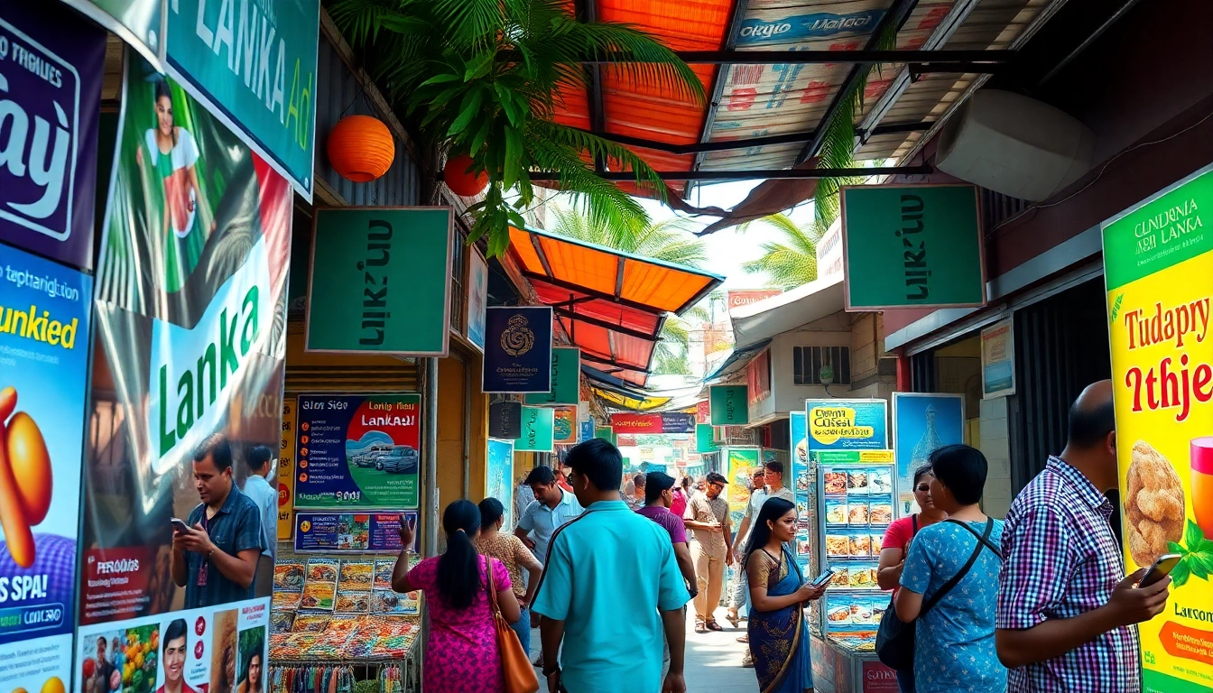 Lanka Ad posters displayed in a vibrant Sri Lankan marketplace, showcasing local culture and commerce.