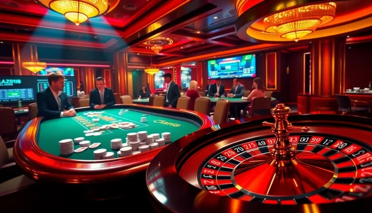 Players enjoying a thrilling poker game at http://32win11.net/, surrounded by vibrant casino lights and thrilling action.