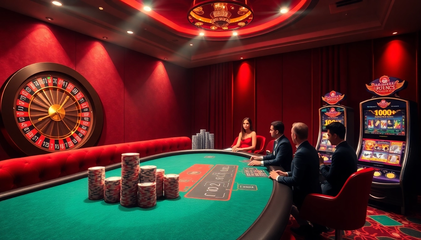 Players enjoying a thrilling game at https://mm88.nl/ casino with vibrant poker chips and a roulette wheel.
