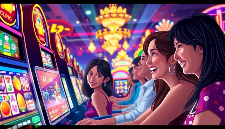 Mainkan qqmacan game dengan slot mesin penuh warna dan suasana kasino yang meriah.