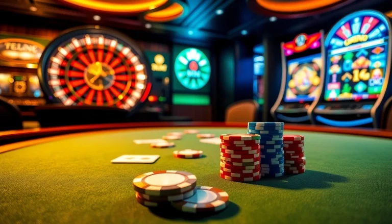 Exciting casino atmosphere with poker table and roulette at http://789winf.com/