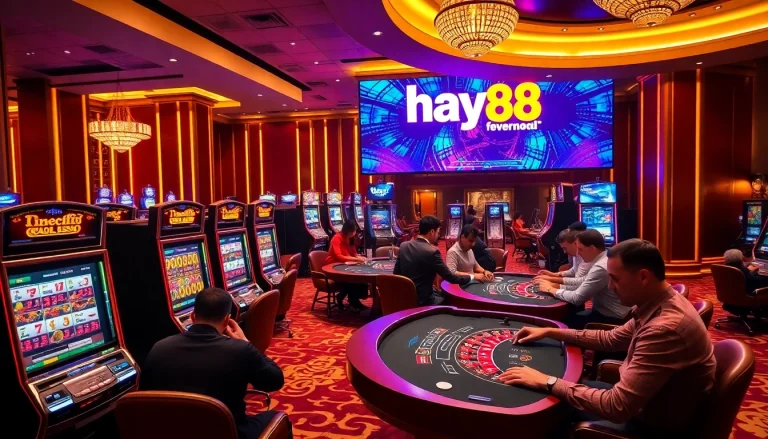 Players enjoying casino games at hay88 with vibrant slot machines and roulette tables.